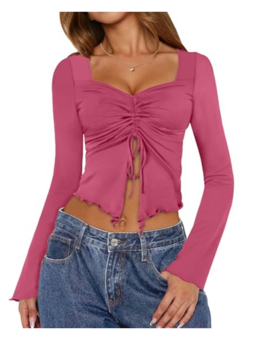 Women's Tie Front Crop Top Bell Sleeve Square Neck Long Sleeve Flowy